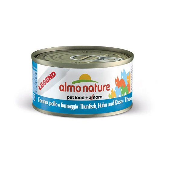 Nourriture pour chat Almo en boite de 70gr au thon, poulet et fromage.